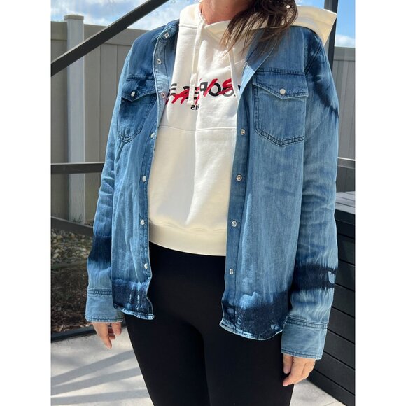 Sundry | Denim Tie Dye Long Sleeve Shirt | Star Heart Embroidery on Elbows | M - Picture 3 of 12